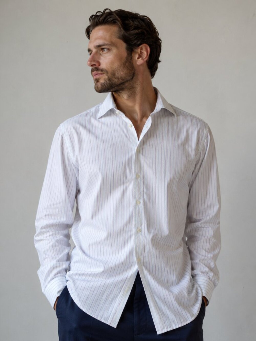 Brioni White Shirt with Subtle Gray Pinstripes